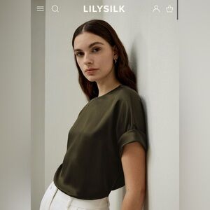 LILYSILK Olive Blouse NEVER worn TAGS on Oblique Sleeves Round Neck Silk Tee